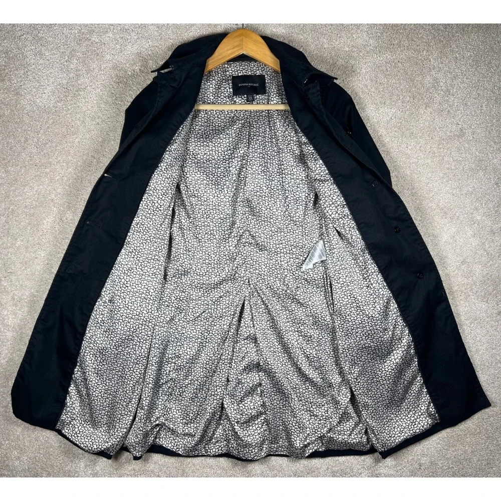 Banana Republic Black Trench Coat XS Petite‎ Preppy Classic Star Print Lining